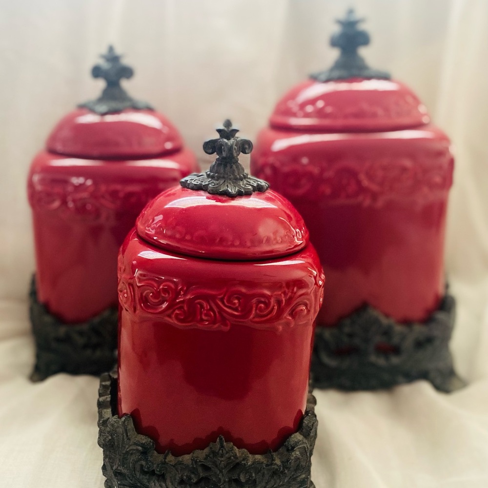 Canister Set of 3 Drake Design Tuscan Fleur dis Lis RED Glossy Like New RARE